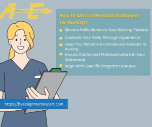 An infographic titled how to write a personal statement for Nursing?" features a female nurse holding a clipboard.