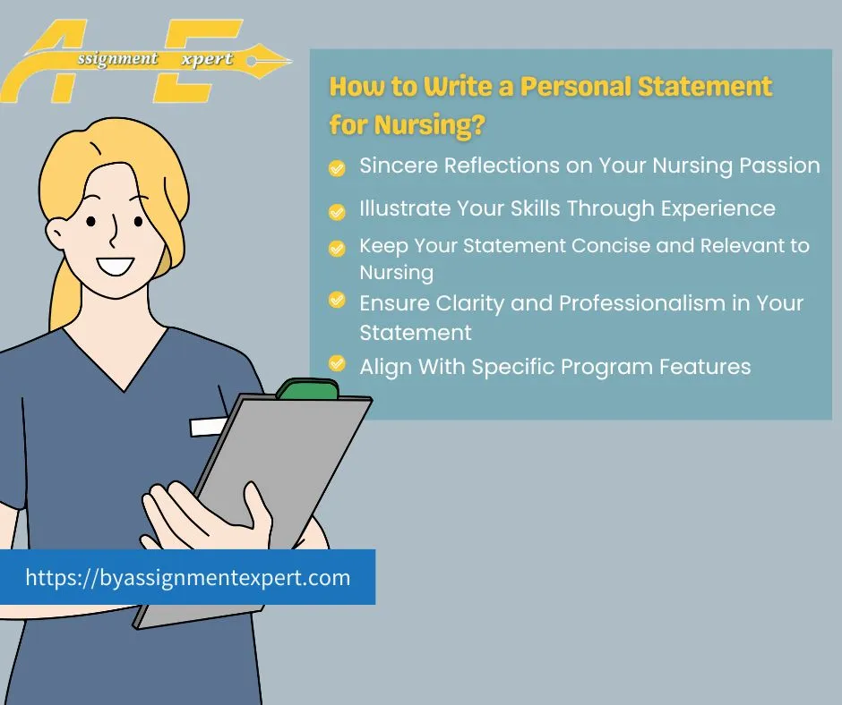 An infographic titled how to write a personal statement for Nursing?" features a female nurse holding a clipboard.