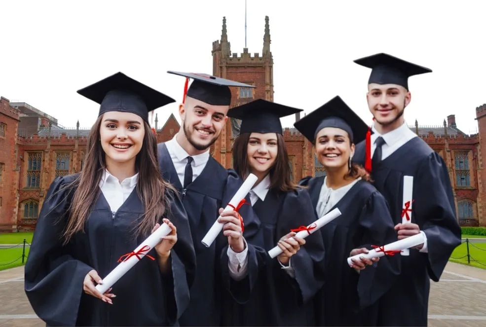 Group of 5 students in graduation gown carrying their certifications with the background of university assignment