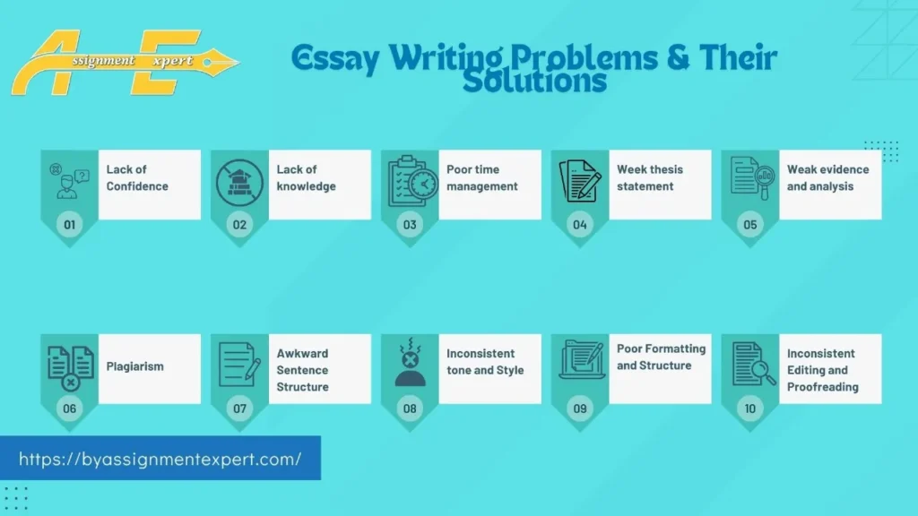 Infographics about essay writing problems with tile having their solutions