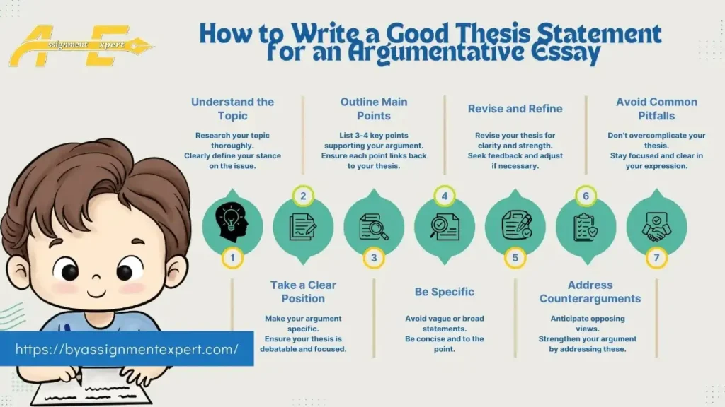 animation of a writing child with background of infographic about how to write thesis statement for an argumentative essay