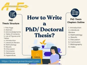 Infographics presenting instructions about structuring and organizing doctoral or PhD thesis effectively.