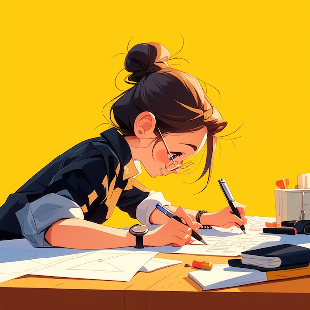 a girl student writing on paper with both hands with yellow background