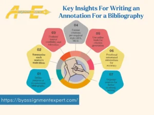 Colored infographic having annotated bibliography writing tips with the logo of BY Assignment Expert in background