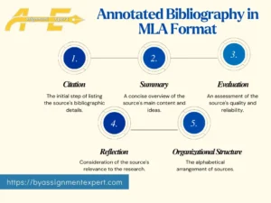 infographic about writing annotation bibliography in MLA style with the background logo of BY Assignment Expert