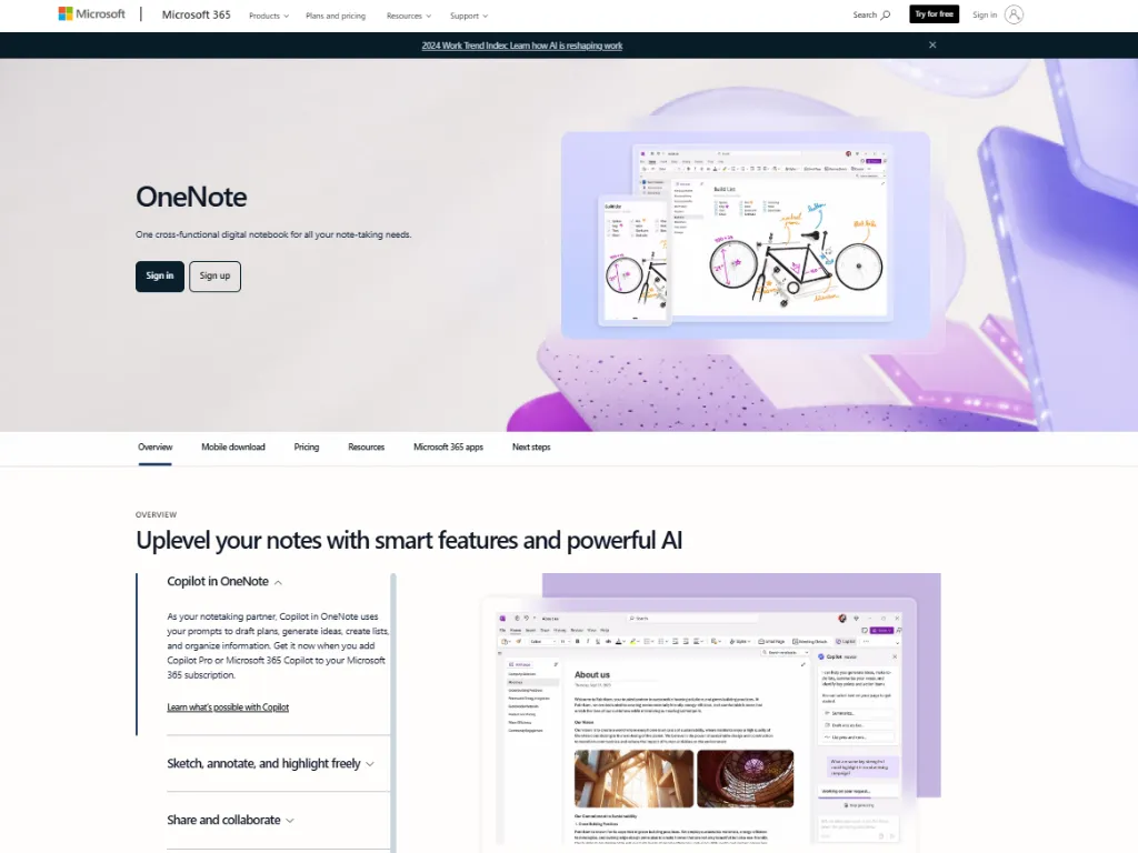 Microsoft OneNote homepage