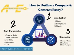 infographic about compare and contrast essay outline with the background logo of BY Assignment Expert